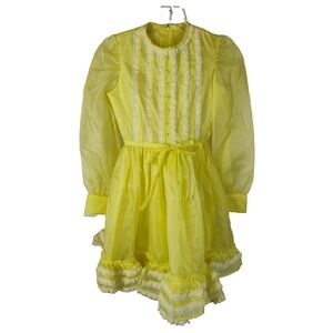 Vintage 1960s Yellow Frilly Girls LARGE Dress Lace Trim Sizing Included
